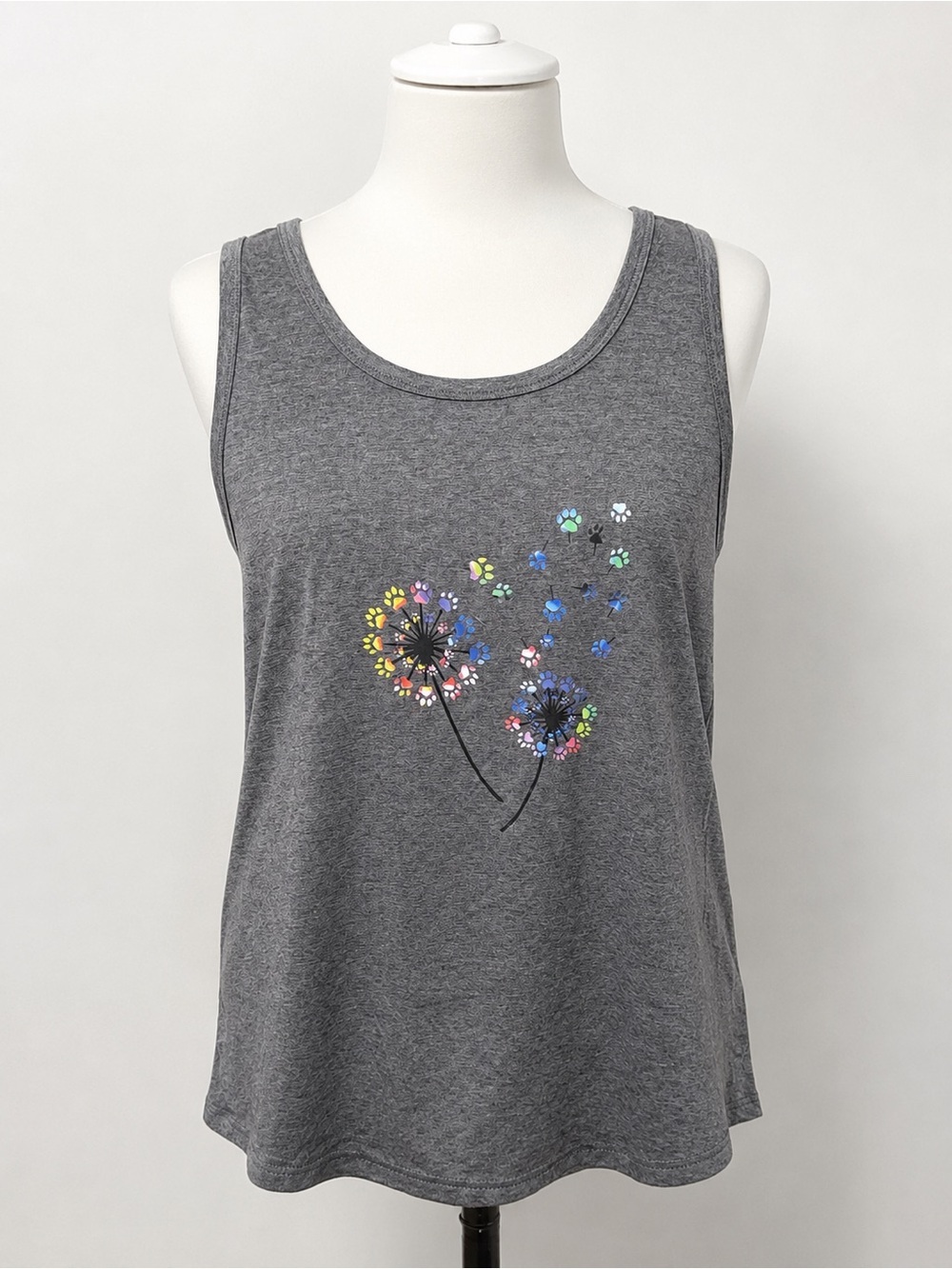 Handmade Gray Paw Print Dandelion Graphic Tank Top Sleeveless Shirt